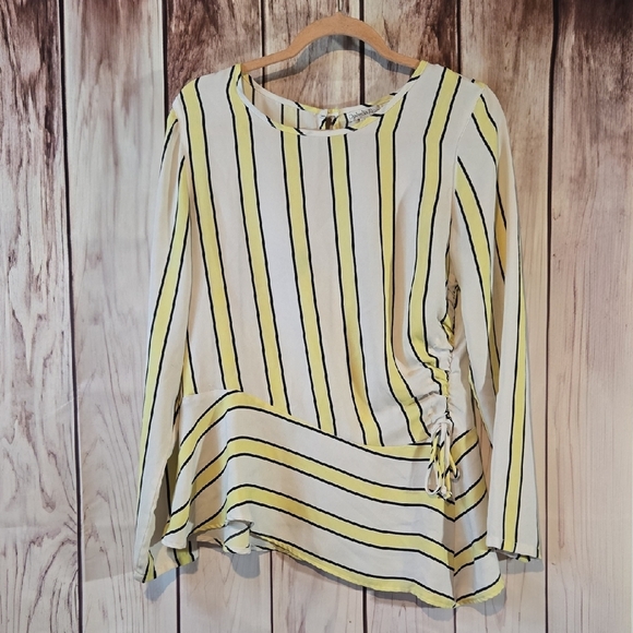 Ophelia Roe Vertical Striped Yellow and Black Asymmetrical Blouse Womens Large - Picture 1 of 7